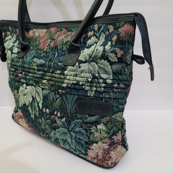 Vintage 1980s ATLANTIC Floral Tapestry Travel Zippered Shopping Tote Bag, Green - Picture 3 of 16